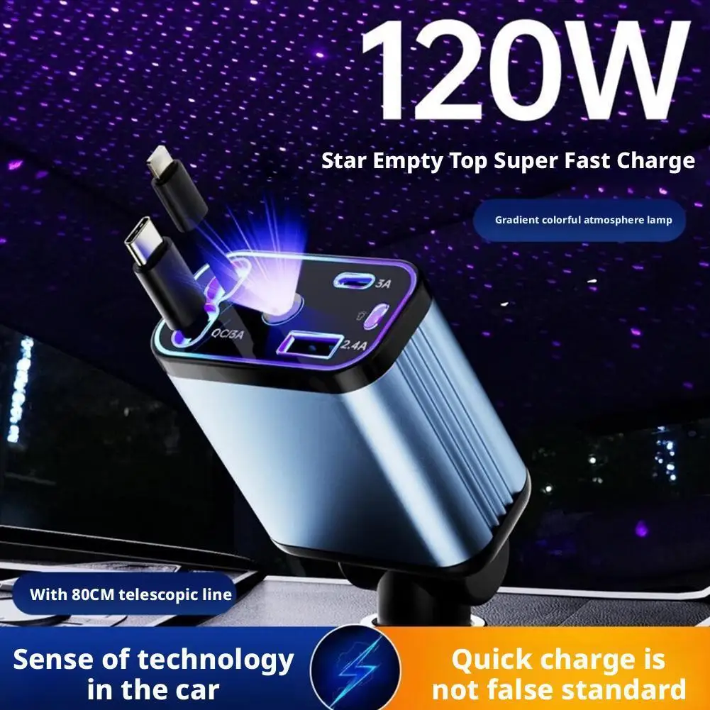 4 In 1 120W Retractable Car Phone Charger Adaptor USB C Cable Roof Starlight Fast Charging For IPhone 17/16/15/14/13