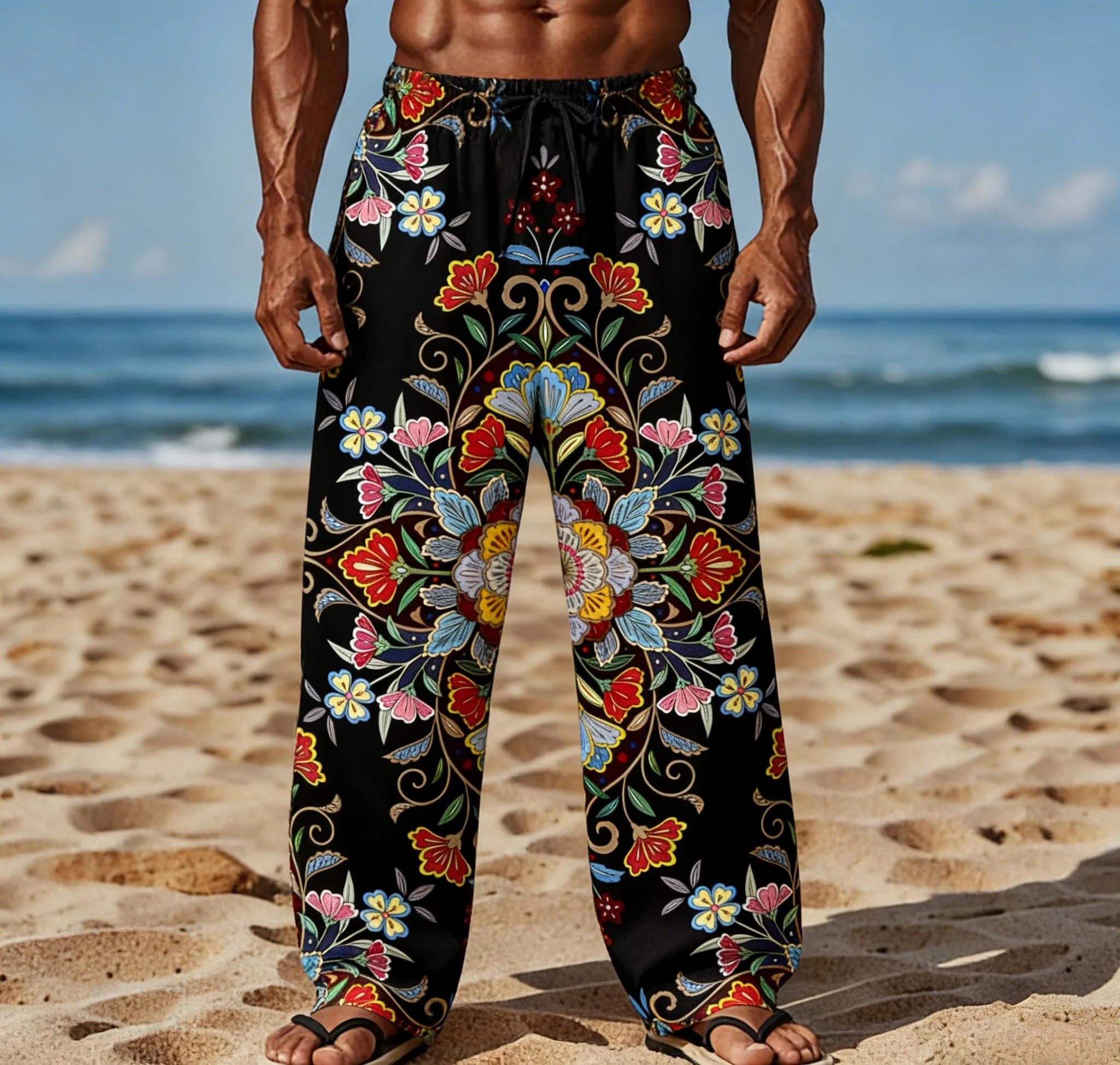 Men's Summer New Hawaiian Bohemian Style Pattern Print Straight Leg Pants Beach Casual Pants