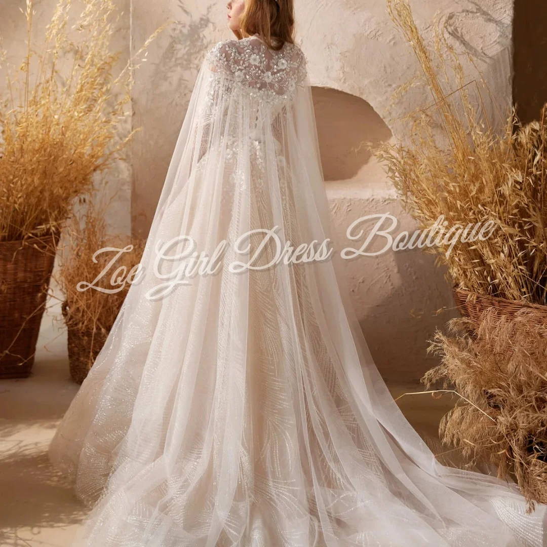 Customized Champagne Flower Girl Dress Glitter Tulle Long Length 3D Floral Long Sleeve Cape Kids Birthday Party Formal Occasion