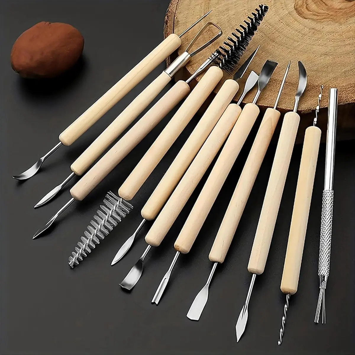 A74U 11-Piece Wooden Handle Double Ended Modeling Tools Sculpting Tools for Clay Easy to Use Modeling, Trimming, and Cutting