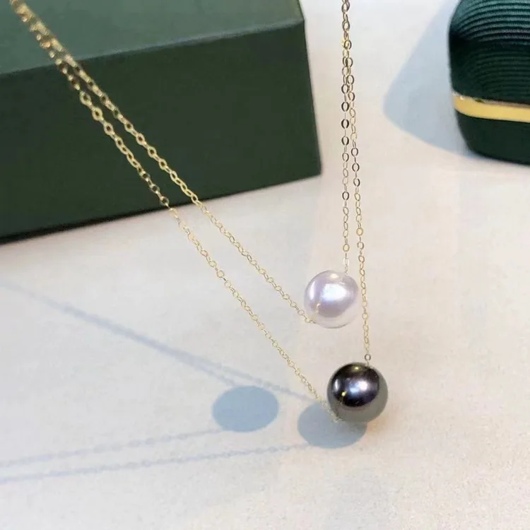 18K Gold Double Layer Pearl Pendant Necklace, 9mm Tahitian Black Pearl & 6mm Freshwater White Pearl, Luxury Mixed Pearl Gift