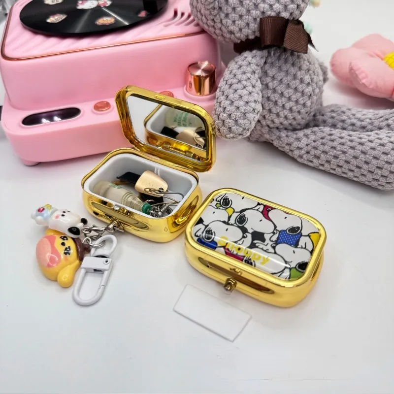 Snoopy Jewelry Storage Box Portable Earring Case for Women Small Object Organizer with Mirrors Cartoon Mini Travel Pill Box Gift