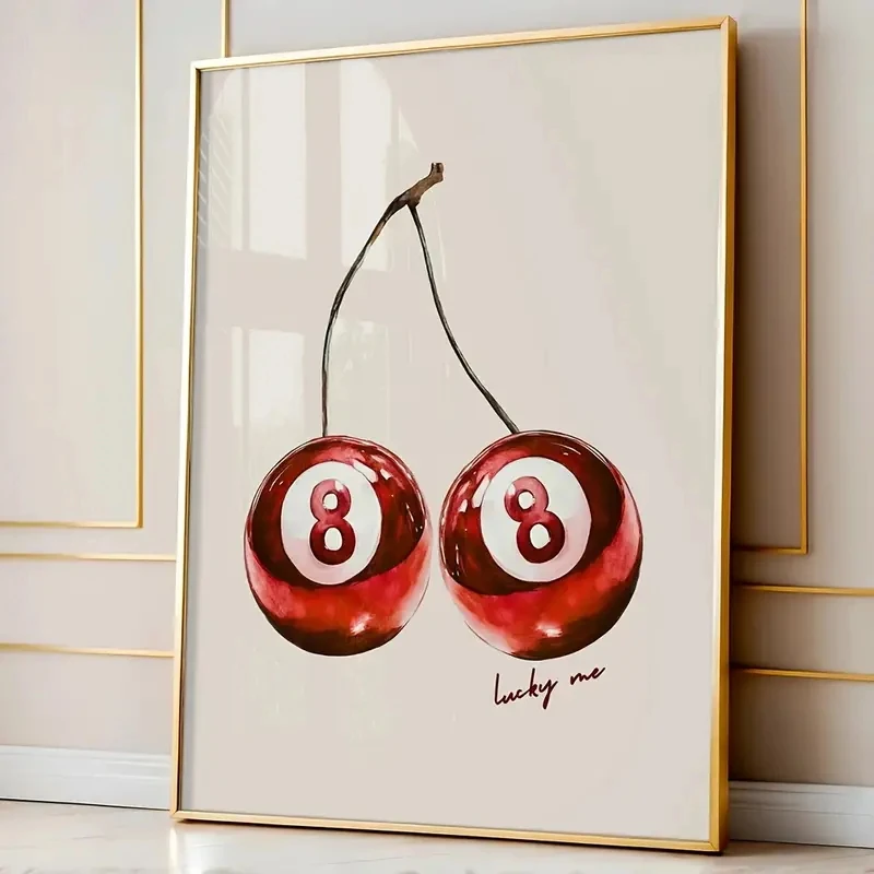 Red Cherry Lucky Billiards Poster Aesthetic Stylish Girl's Room Dopamine Decoration Trendy Painting Canvas 1970s Wall Pictures