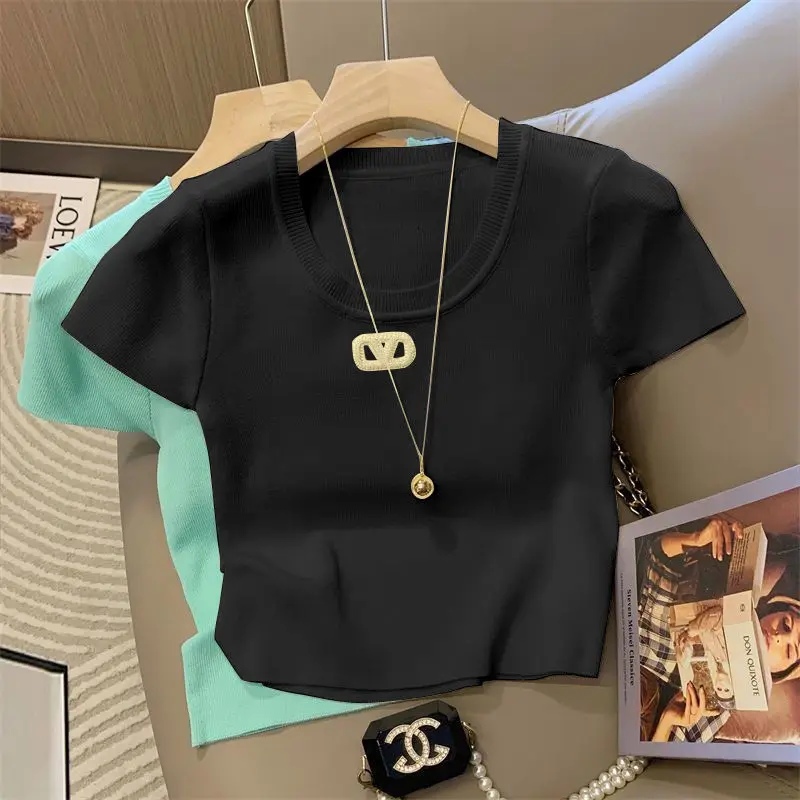 ملابس نسائية أنيقة قصيرة الأكمام متماسكة البلوز الصيف مثير أزياء قصيرة تي شيرت سيدة جولة الرقبة الحلو الشباب نمط أعلى المحملات #4