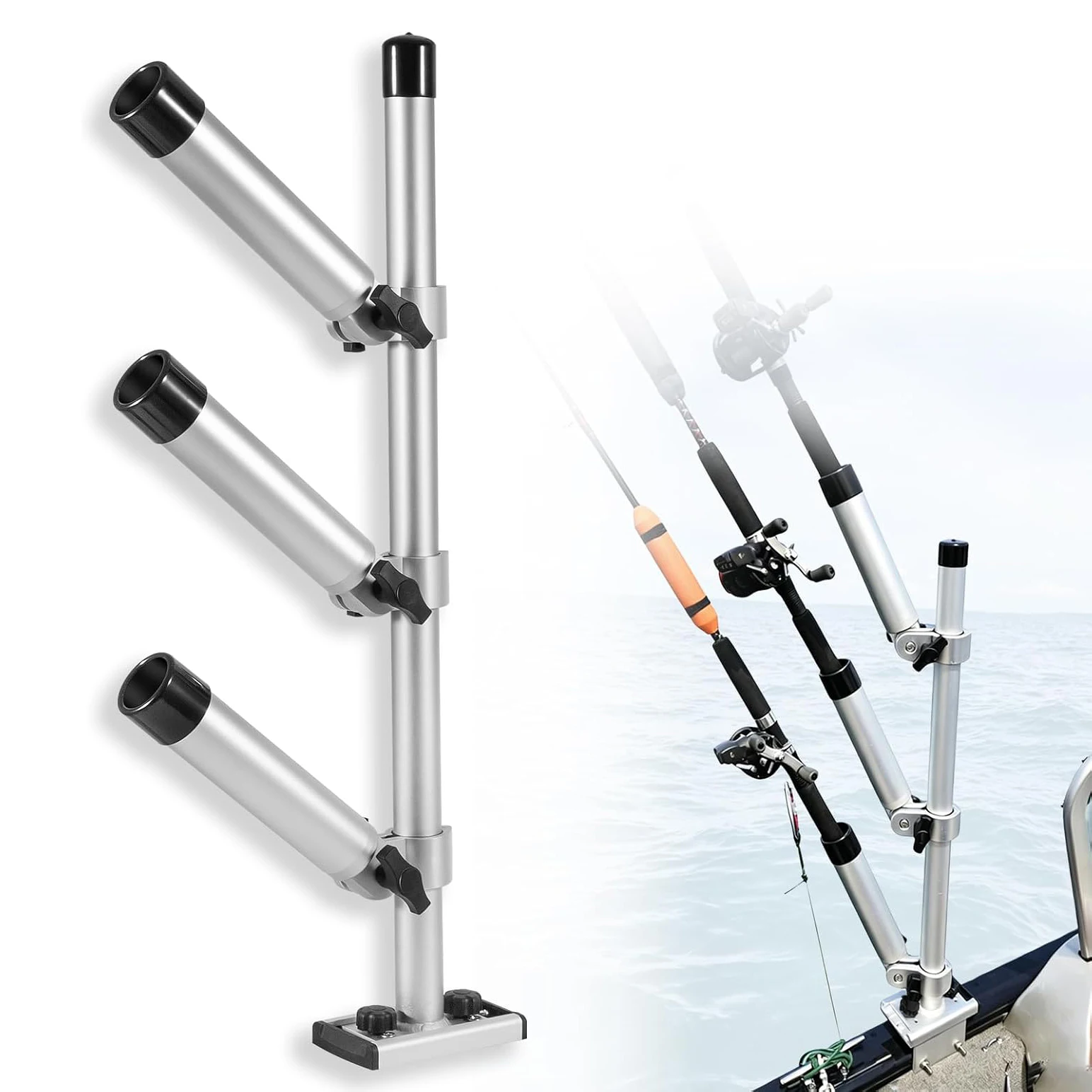 Aluminum Trolling Rod Holder Tree – 3 Rod Adjustable Fishing Rod Holder Tree for Boat 360° Rotation 180° Tilt Height Adjustable
