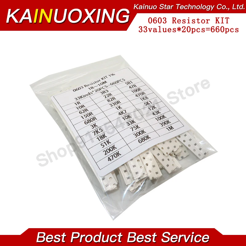 

33 номинала * 20 шт. = 660 шт. Набор образцов SMD-резисторов 0603 1% (от 1 Ом до 1 МОм)