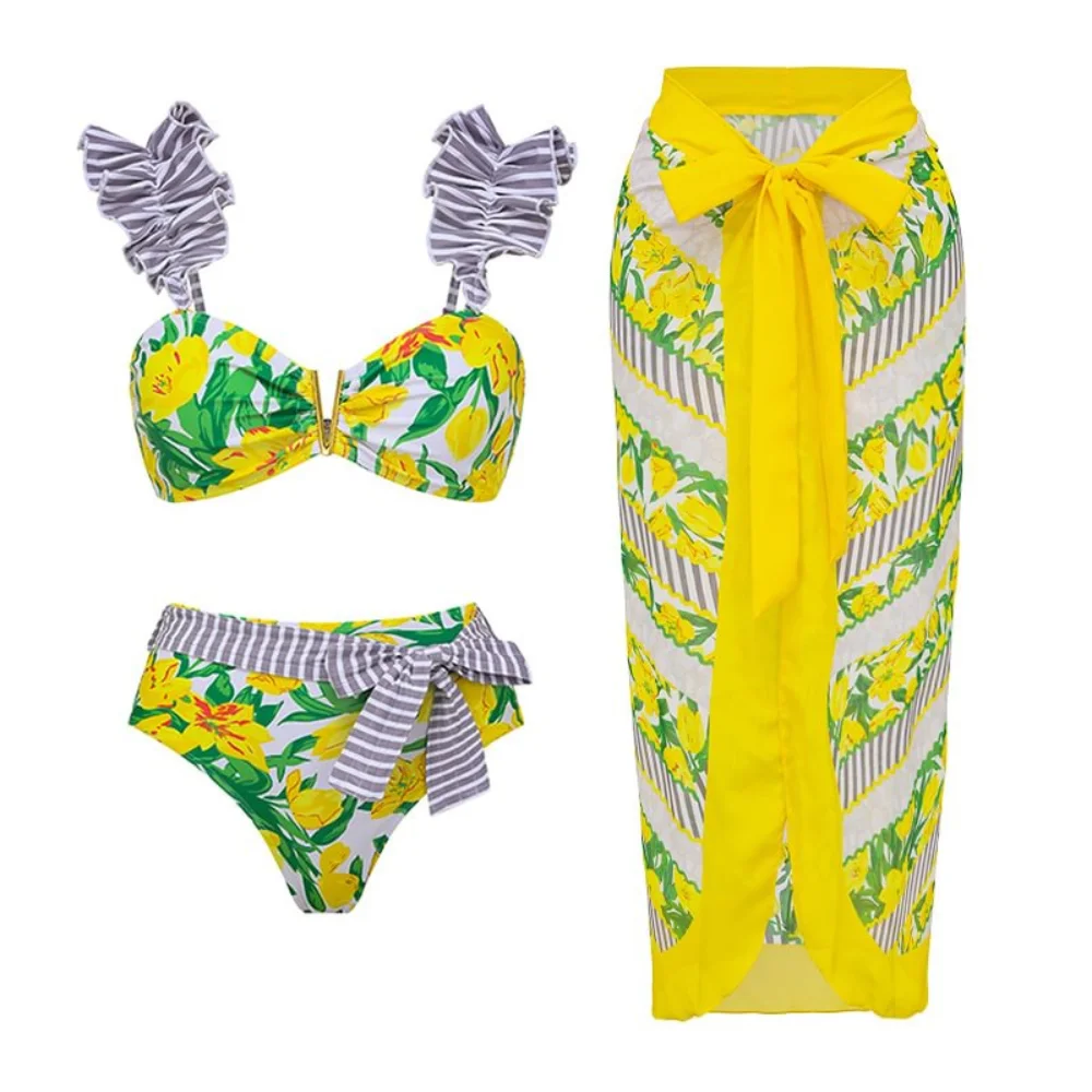 

2024 New Splicing Printed High Waist Bikini Swimsuit and Sarong Swimwear Women Beachwear dress Bathing Suit two piece