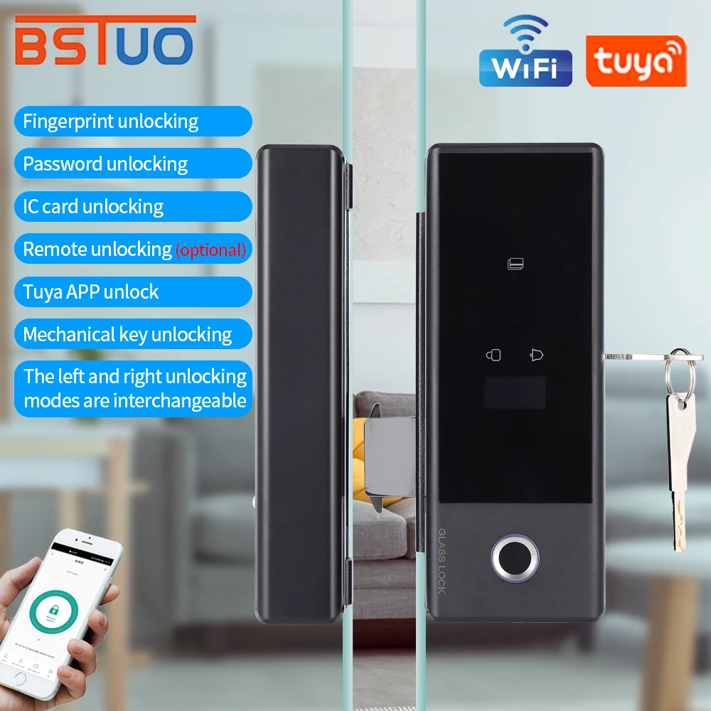 

2.4G Wifi Tuya APP Fingerprint Lock Bluetooth Smart Glass Door Biometric Electronic Door Lock 13.56Mhz Card RFID Remote Unlock