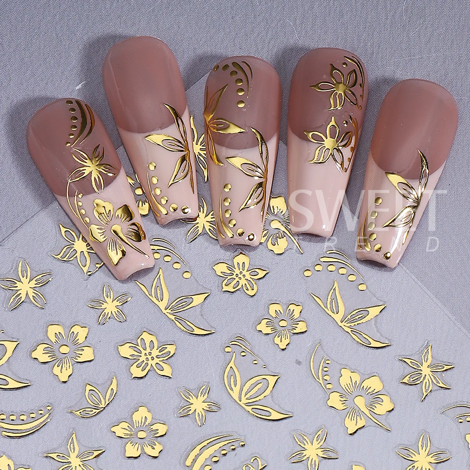3pcs Elegant Flower Nail Sticker Gold Silver Black Hibiscus Floral Petals Leaf Design Nail Decals Slider DIY Manicure Decoration view 4