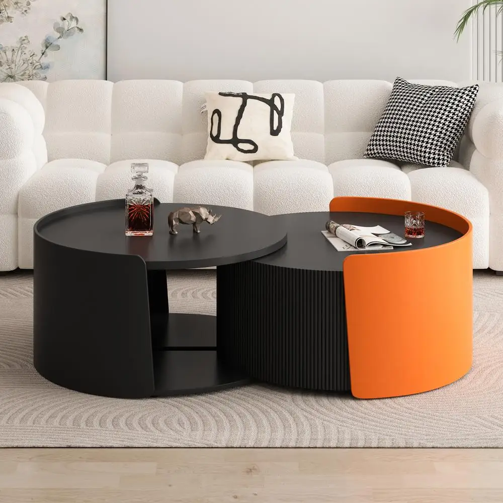 

Modern Nesting Coffee Table Round Side Tables Extendable Sliding Tabletop for Small Space Black No Assembly