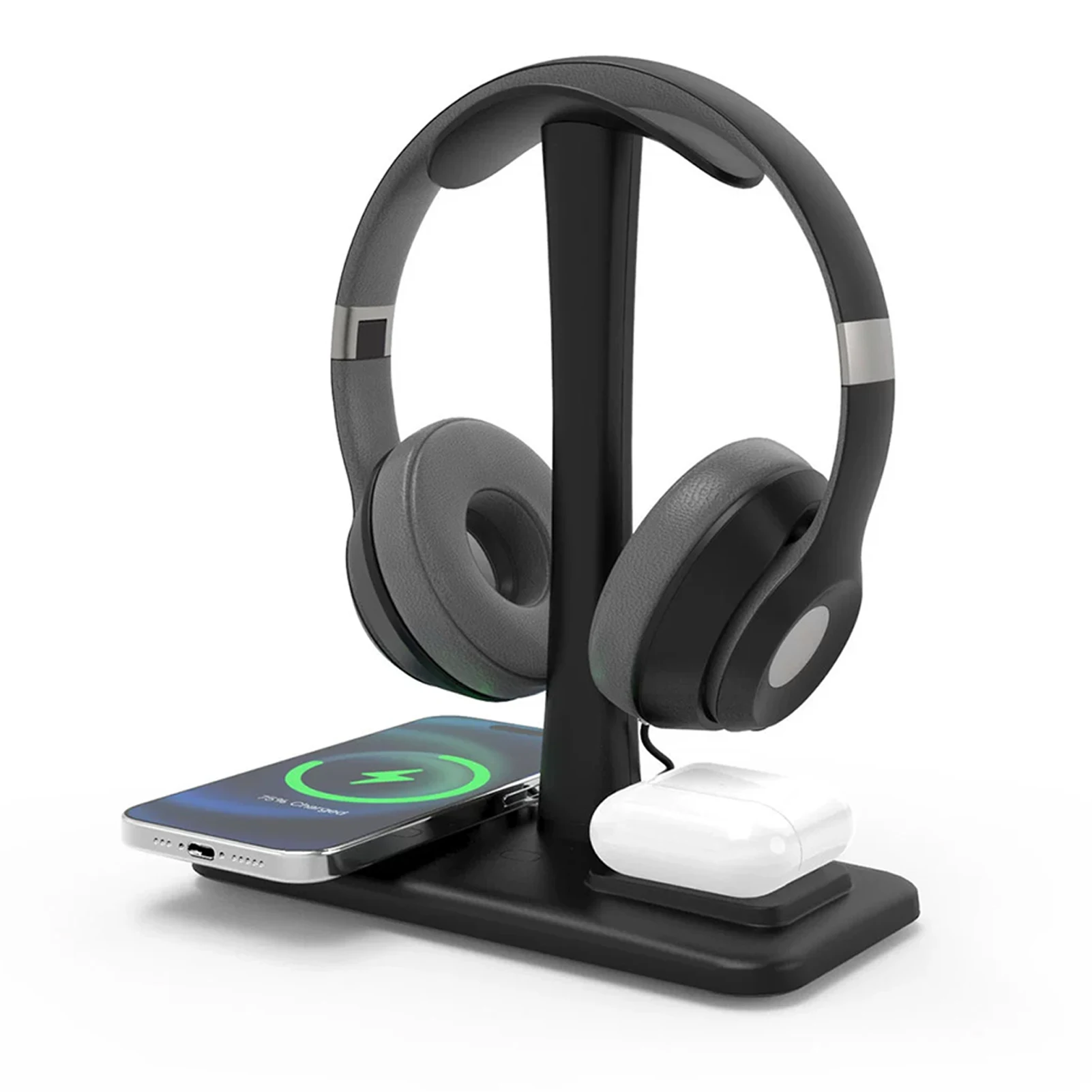 

Подставка для наушников с двумя USB-портами и беспроводной зарядкой, разработанная для офисов и игровых комнат, простая в использовании.