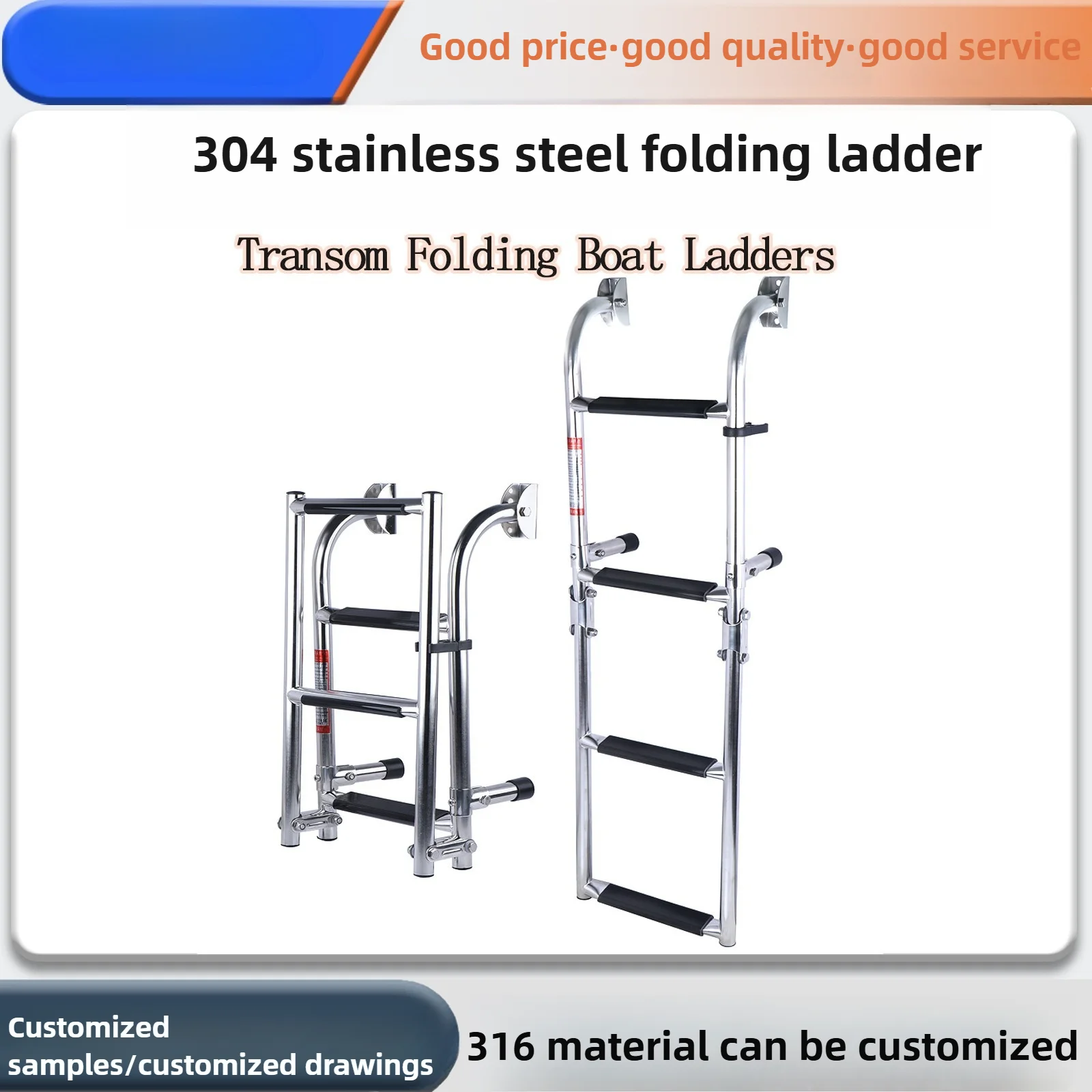 304 Stainless Steel 4-Section Folding Boat Ladder, Marine Boarding Ladder for Yacht Tender Ship, Dive Ladder