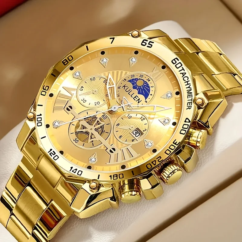 Men's sports timing quartz watch - sub dial, date window, elegant gold and black case, suitable for casual and formal clothing