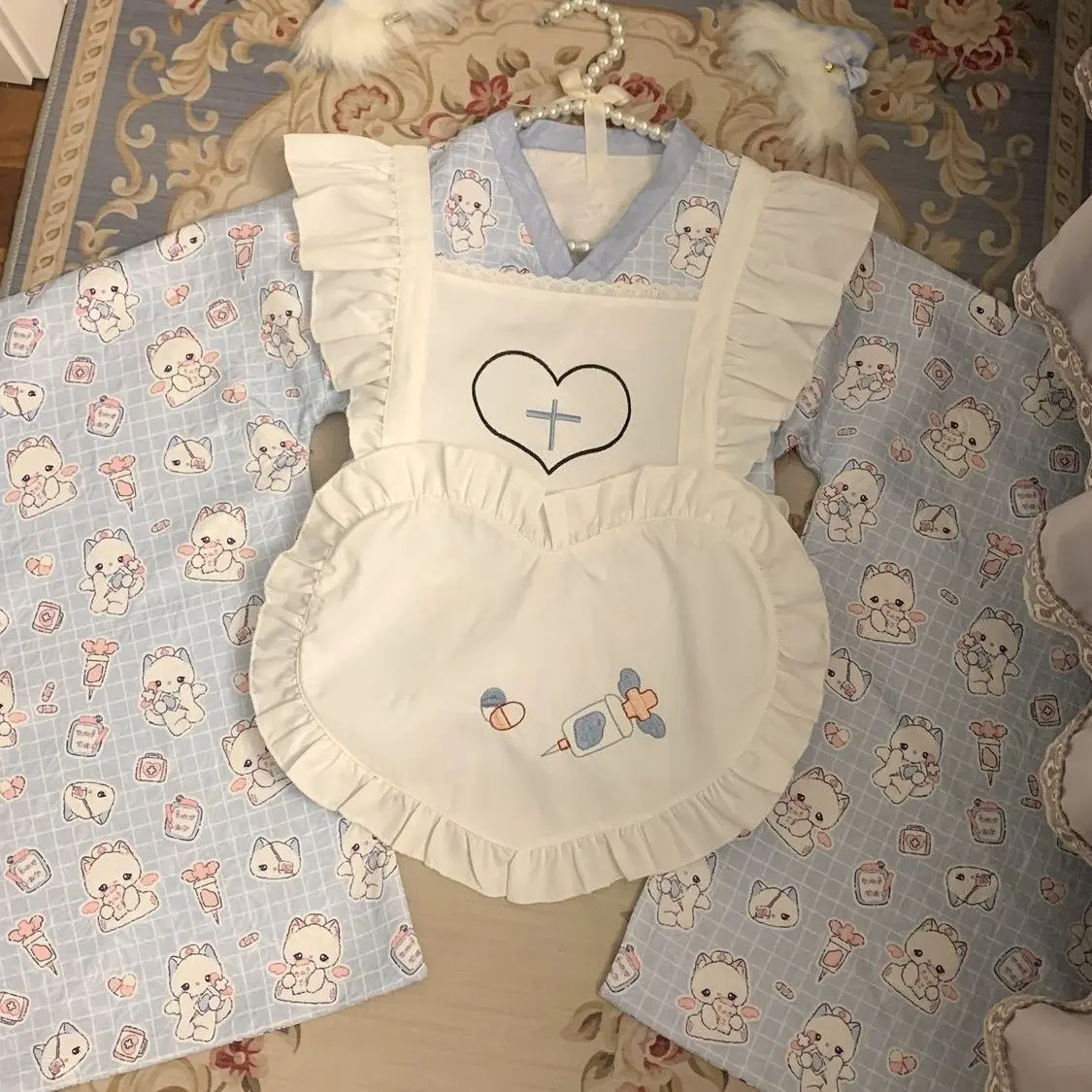 MAGPGP Abbigliamento donna giapponese Set da due pezzi Manica svasata Volant Grembiule Vita alta Abito a trapezio Abiti Stampa carina Abito dolce