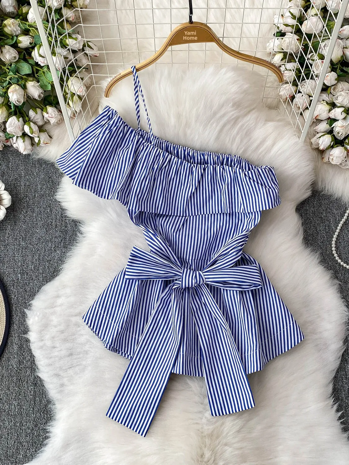 

Chic Striped Slimming oulder Bared irt for Women Korean Sle Commute Wind with Pleated And Belt ort Sve