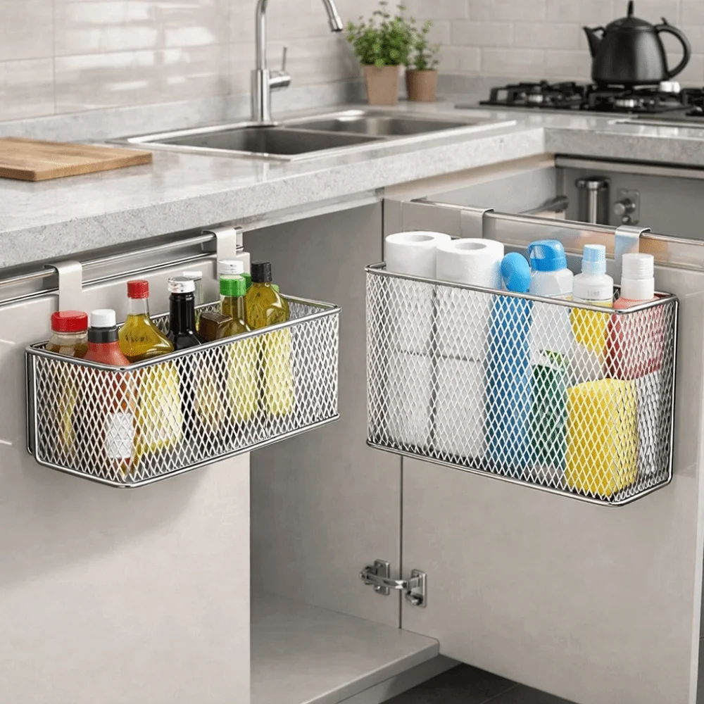 

Carbon Steel Kitchen Hanging Basket No-Drill Space Saving Cling Film Storage Rack Wall Mounted Seasoning Organizer Kitchen