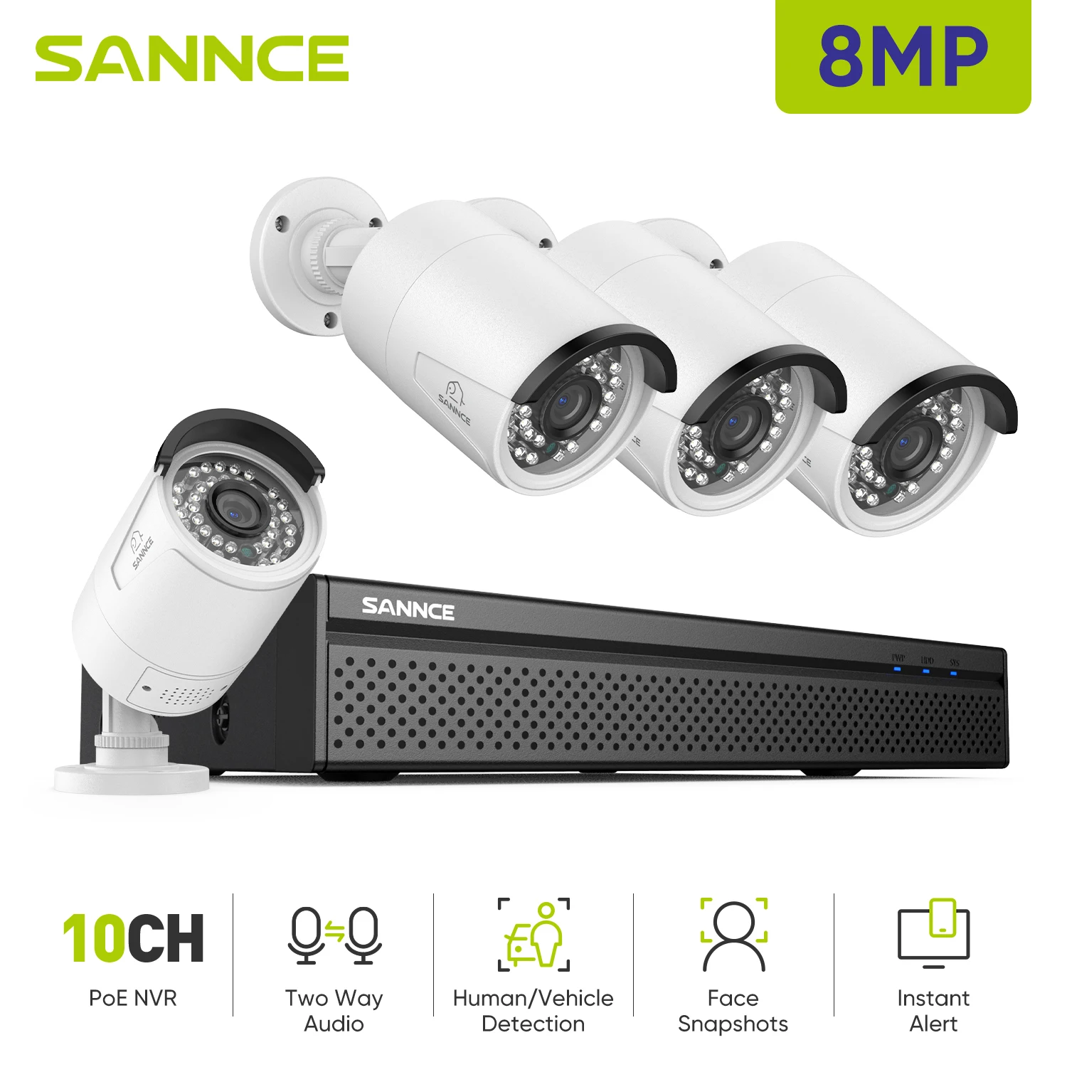 SANNCE 8MP Ultra HD POE Video Surveillance System 8CH H.265+ NVR With 4K Security Cameras CCTV Kit Two-way voice Smart Home