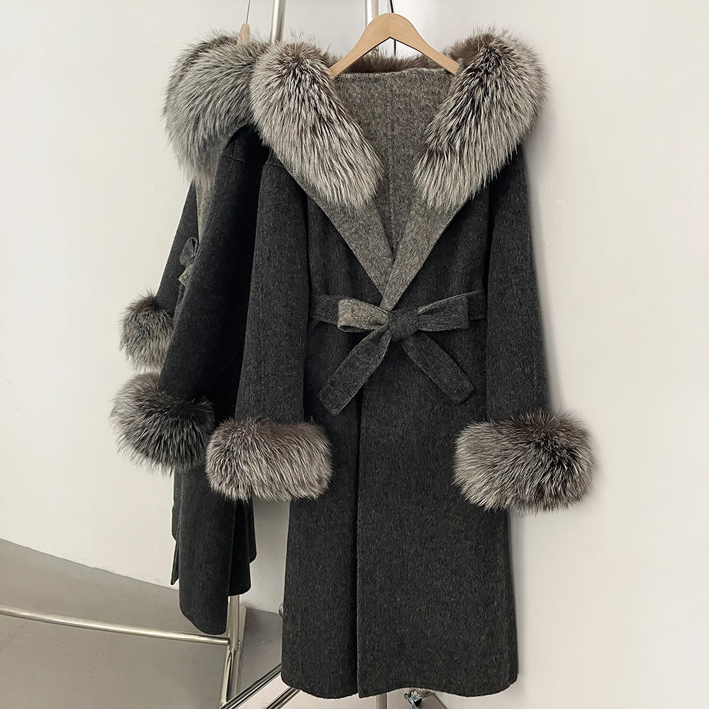 OFTBUY Cappotto di Lana da Donna Giacca di Pelliccia Reale Moda Donna Giacca Lunga di Lana con Cappuccio Vestiti Cintura Femminile Cappotto di Pelliccia di Volpe Reale di Lana