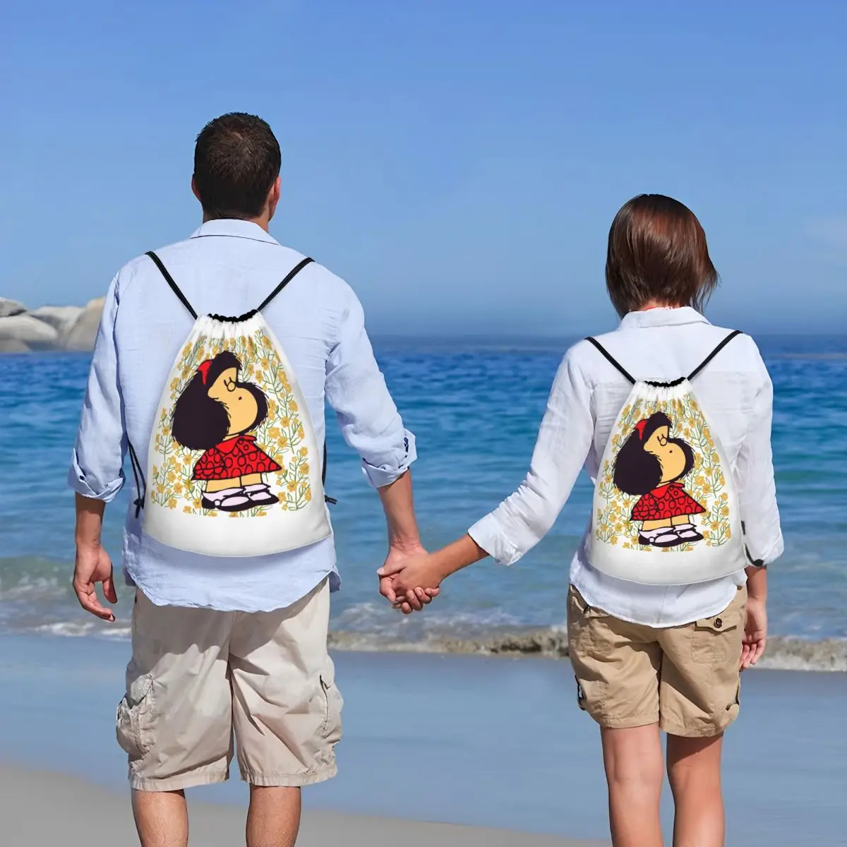 Aangepaste Mafalda en bloemen tas met trekkoord heren dames lichtgewicht Argentinië Manga Quino cartoon sport gym opslag rugzak