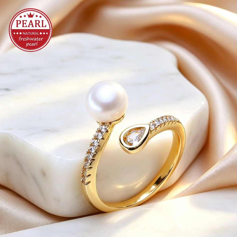 FENASY Natural Freshwater Pearl 18K Gold Plated Adjustable Rings for Women,Suitable for Daily Wear and Party,Gifts for Birthday