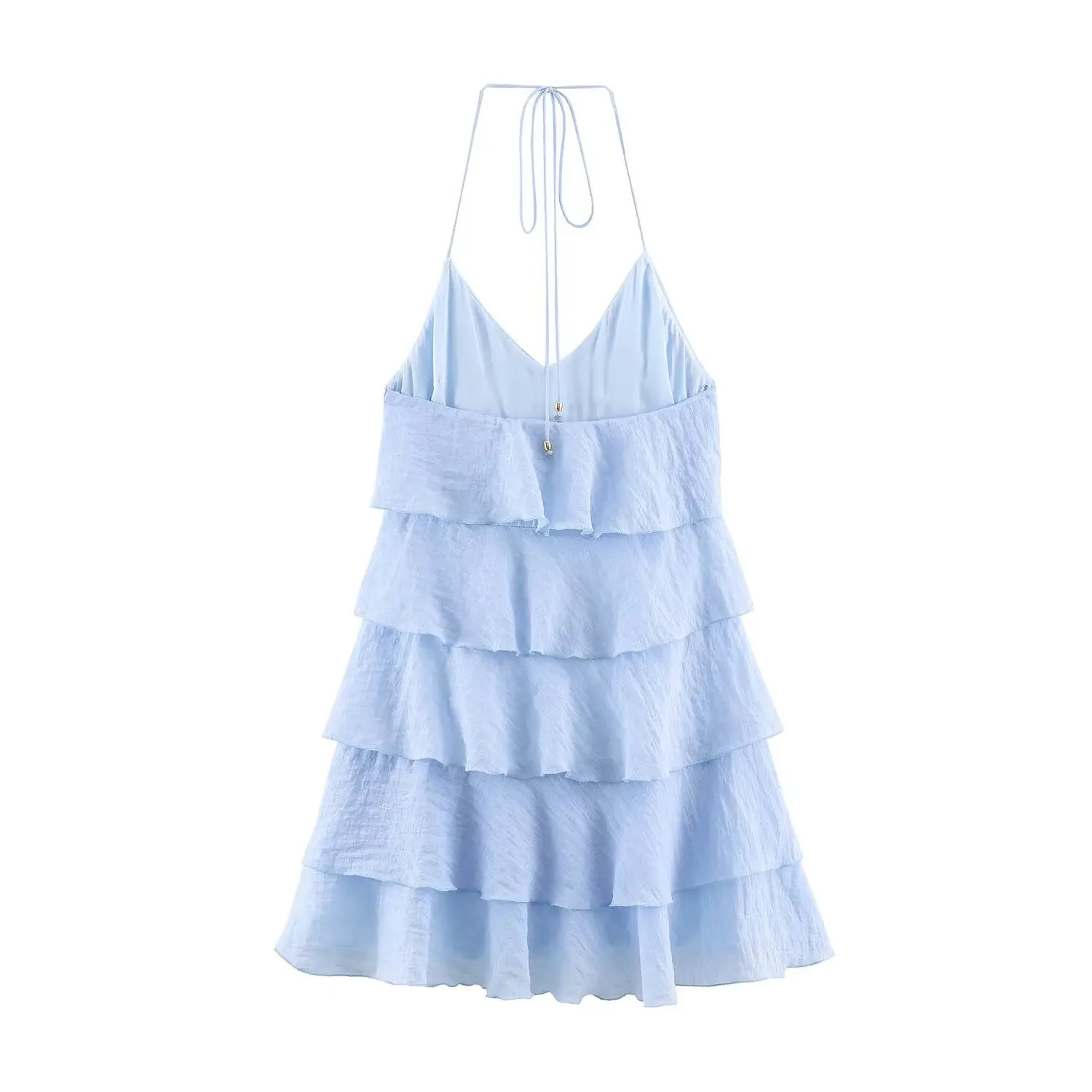 TFMLN Sommer Damen Neckholder-Minikleid, Lässiges Einfarbiges Rüschen-Stufenkleid, Ärmelloses Kurzes Kleid, Elegantes V-Ausschnitt Rückenfreies Damen-Outfit – Detail 5