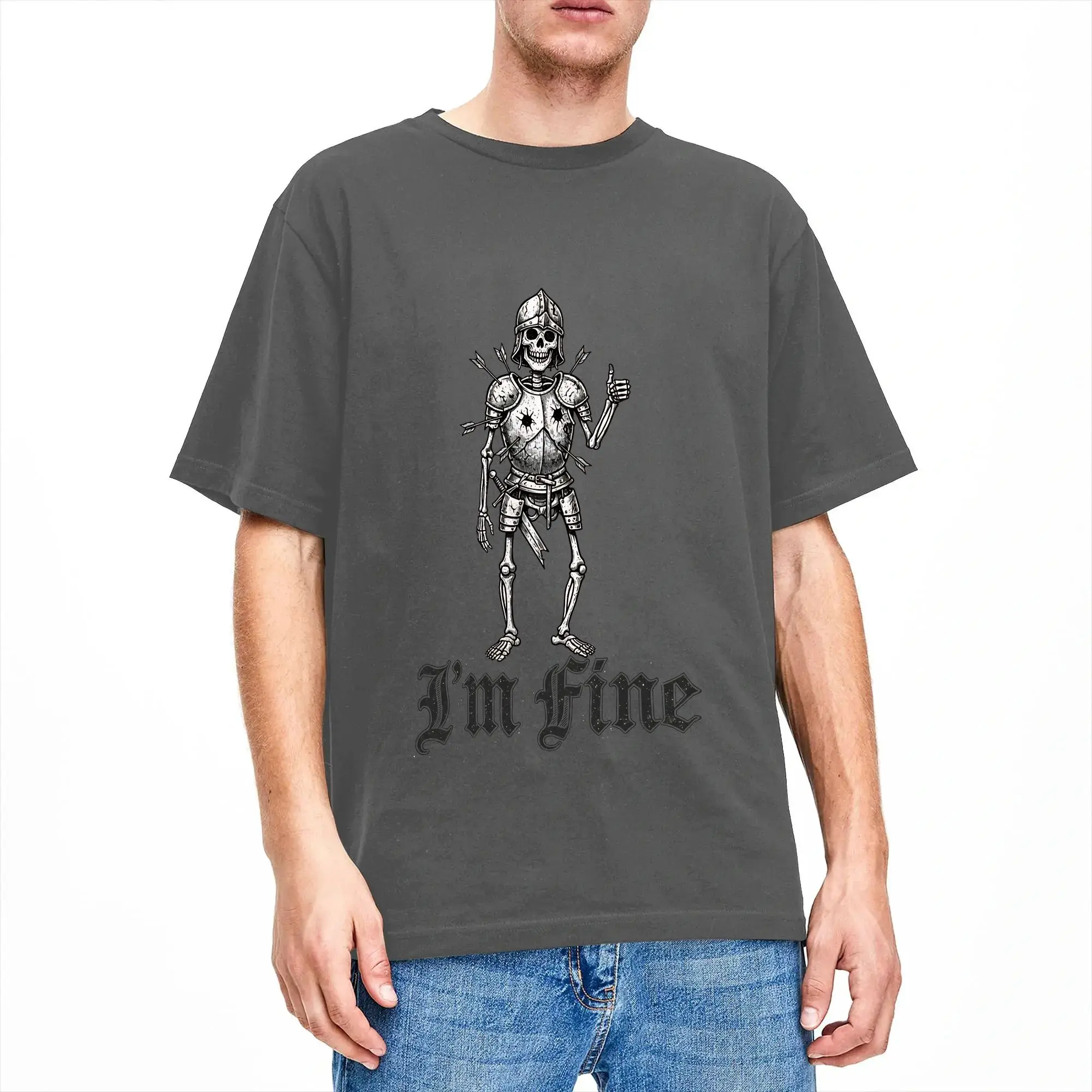 Men IM Fine   Vintage Woodcut Funny Skeleton RPG Art  T Shirts I Am Fine! 100% Cotton Tees Summer Y2K Basic Short Sleeve T-Shirt view 2