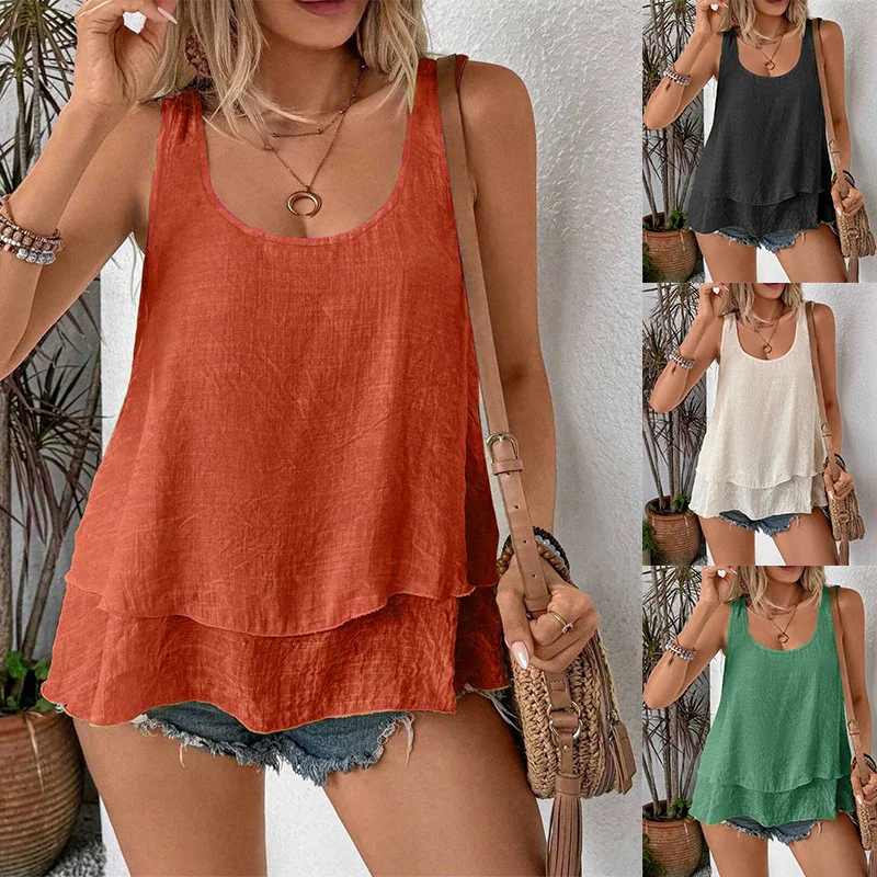 Chaleco oscilante de pastel de doble capa con cuello redondo sin mangas para vacaciones de ocio a la moda para mujer