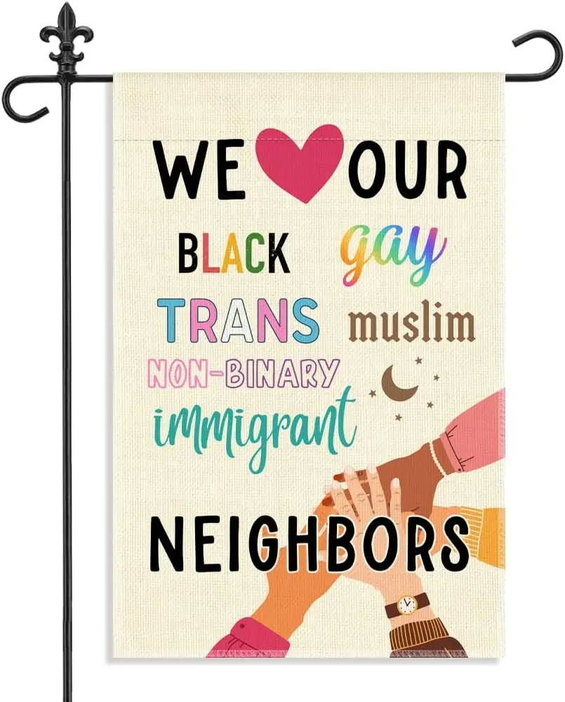 Banderola de Jardín con Diseño de Amor a la Diversidad, Tema de Inclusión, 12 x 18 Pulgadas, Doble Cara, con Motivos de Negros, Gays, Trans, Musulmanes y No Binarios, para Exteriores, PPM