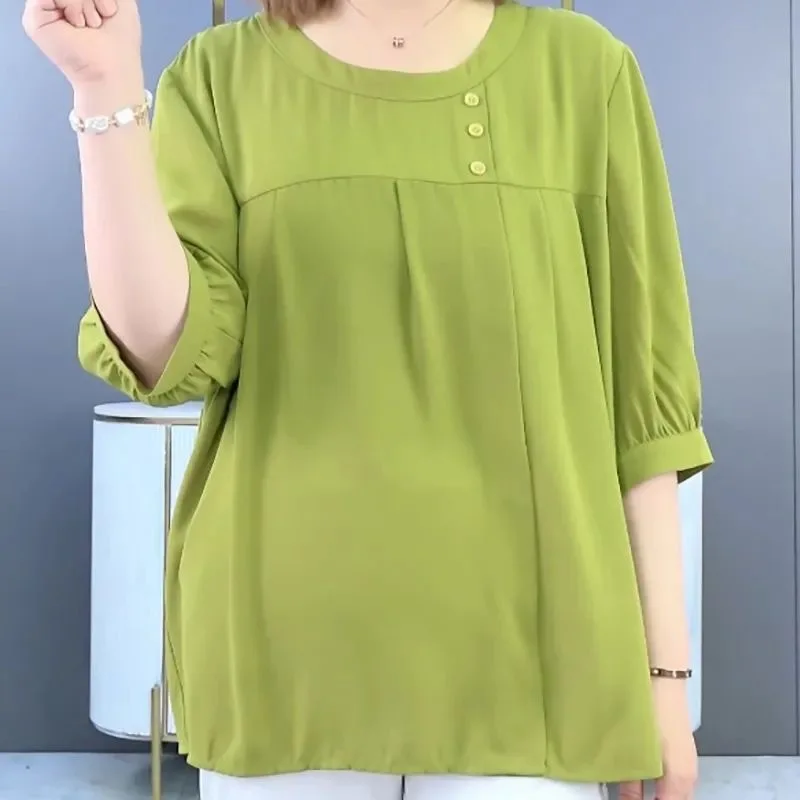 Clothes for Women 2024 Summer Stylish Green Oversized Blouse Casual O Neck Half Sleeve Shirts Simple Ruffled Tops Female Blusas