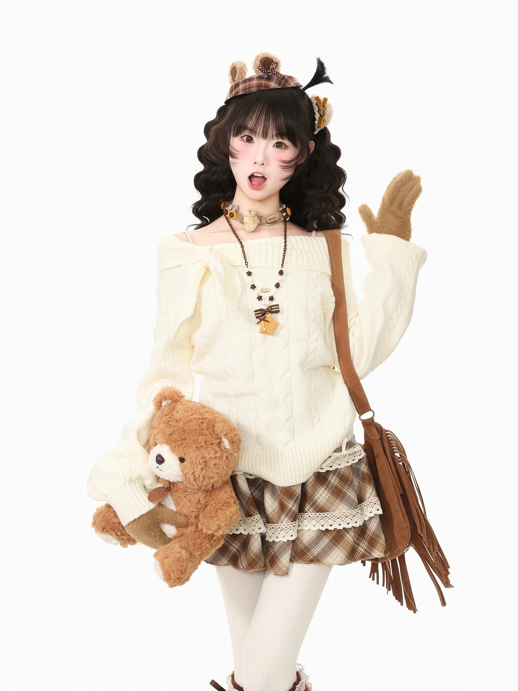 Blue Ghost Park Languid Park Sweet Knitted Sweater Plaid  Skirt Two-Piece Set Women's Autumn Collection Casual Style