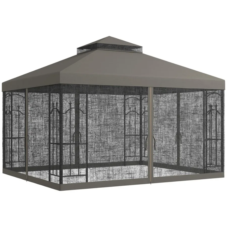 

Садовая беседка 10' x 12' с угловыми полками, двойной крышей, уличный навес-укрытие с сеткой, серая