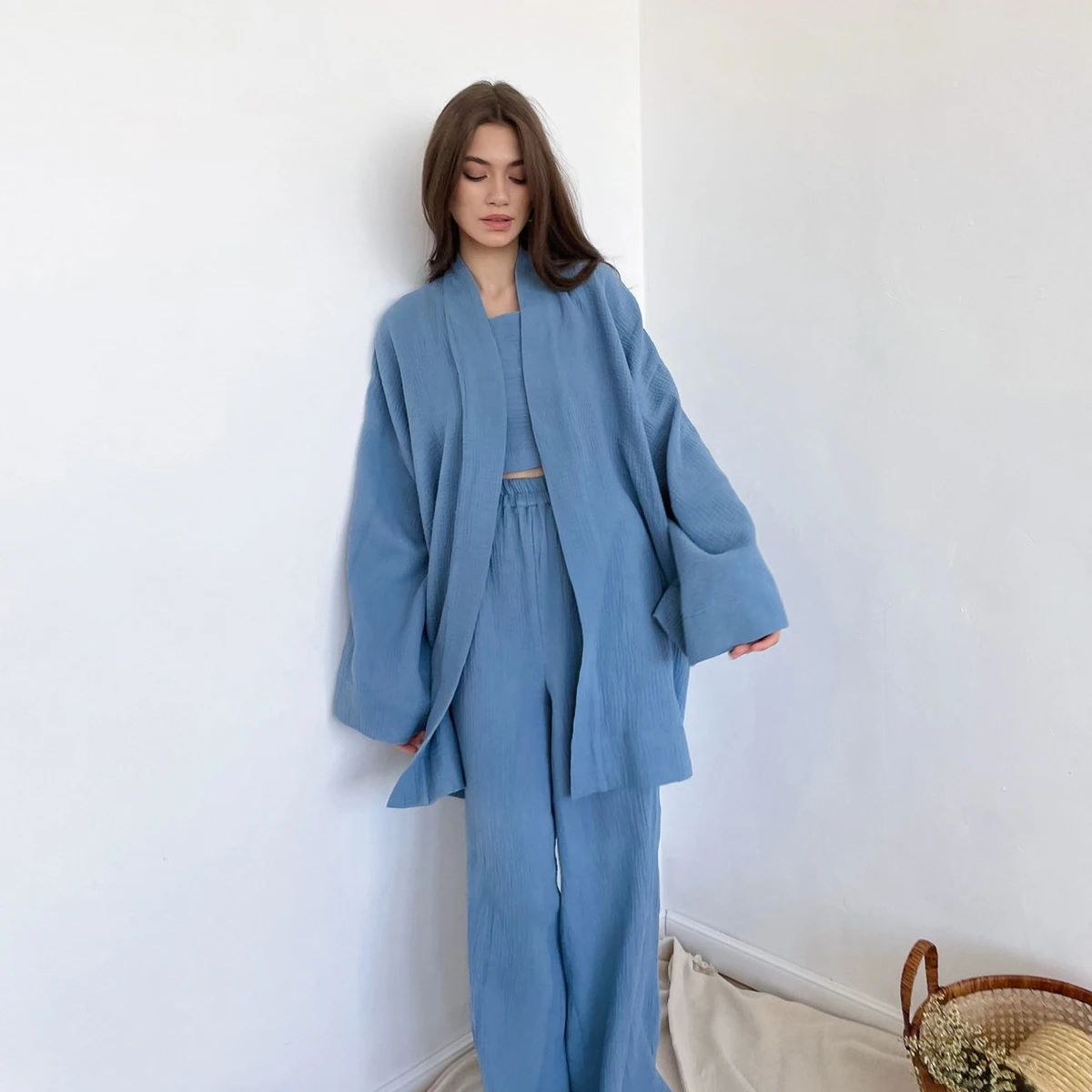 Casual Lace Up Long Sleeve Cardigan Tops Suits High Waist Wide-leg Pants Nightgown Sets Loose Pajama Women Homewear 2 Piece Sets