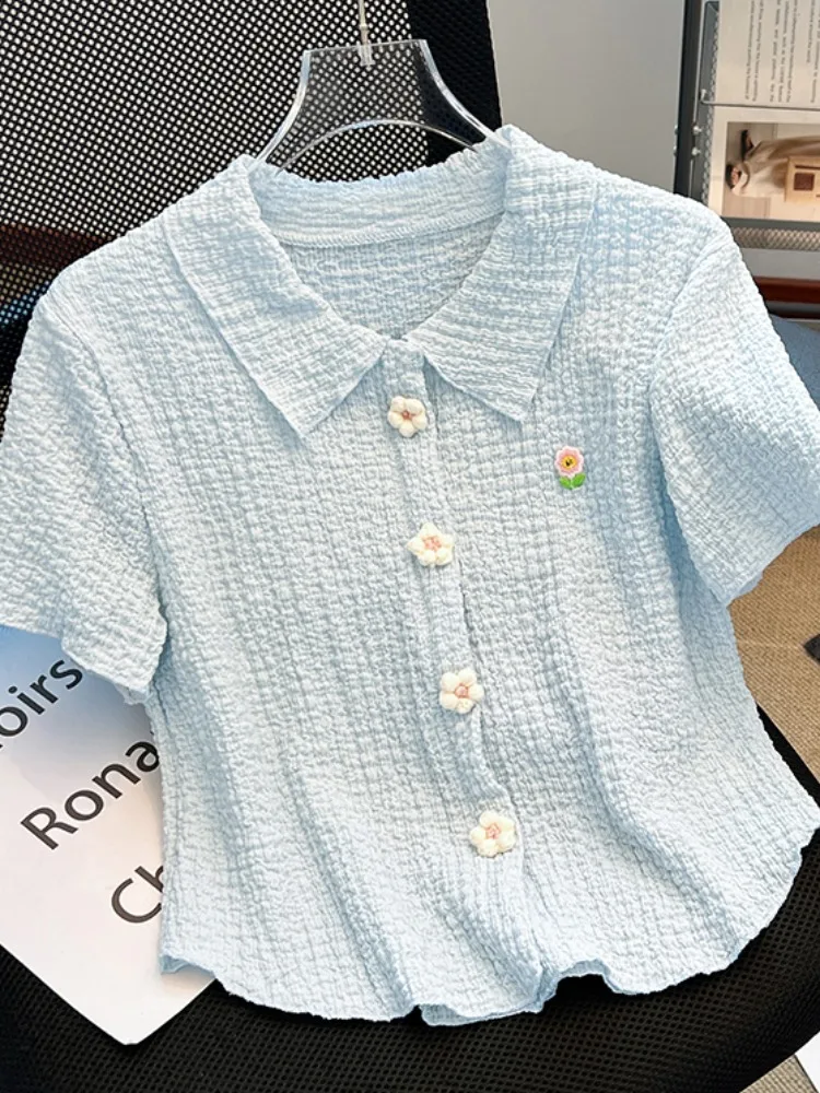 

Blue Slim Fit ort Sve irt T-irt Women Summer Turn Collar ort Sle Open Cardigan Top Korean Sle Commute Wind