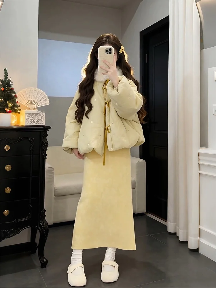 

Warm Cotton Jaet And Dr Two-Piece Set Floral Embroidery Winter Faion Women's Classic Sle High Waist Design