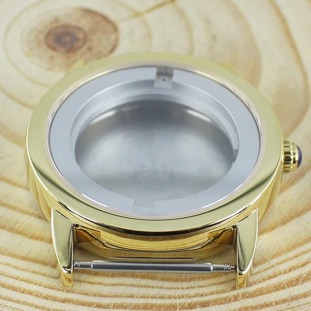 الذهب PVD 42 مللي متر حافظة ساعة من الفولاذ المقاوم للصدأ الياقوت كريستال الساعات اكسسوارات ل Eta2824 PT5000 34.5 مللي متر الطلب انظر من خلال الظهر