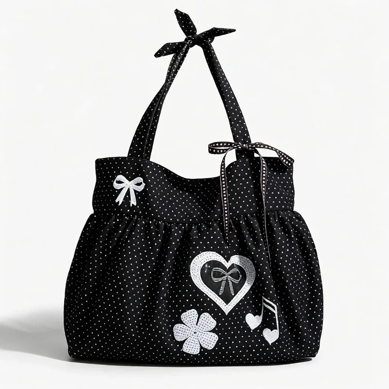 Korean Style Polka Dot Tote Bag Cute Bow Heart Music Note Casual Shopper Handbag Shoulder Bag Large Capacity Buckle Armpit Bag