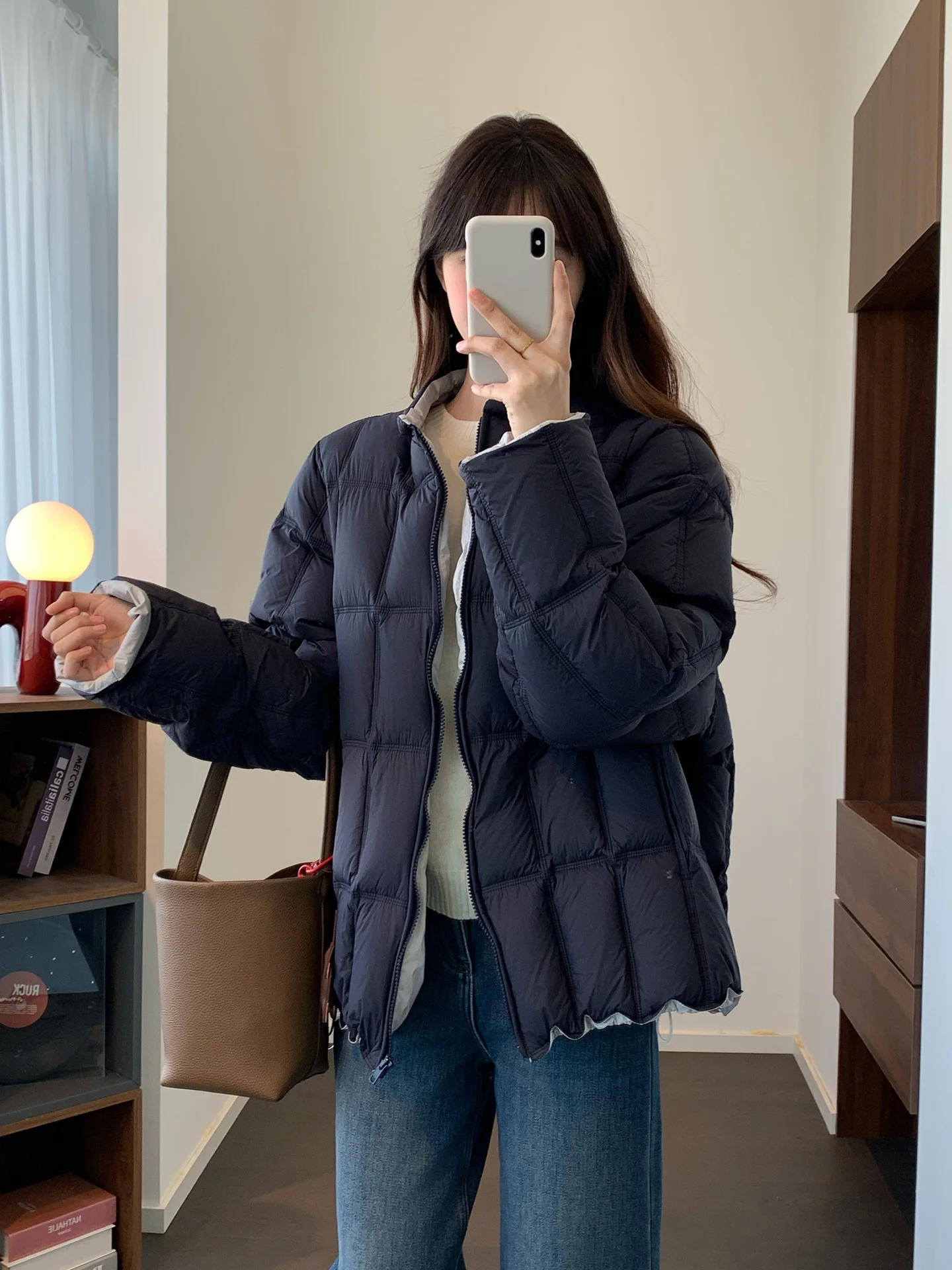 

Женская зимняя теплая куртка-пуховик из 90% гусиного пуха с круглым вырезом, длинными рукавами, в клетку, на молнии, для повседневной носки