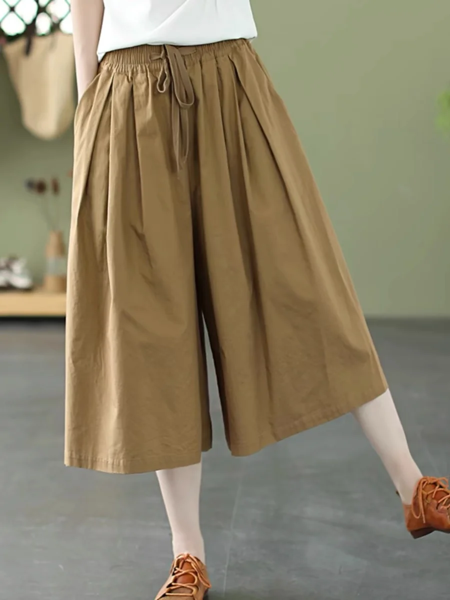 Loose Wide Leg Seven-Foot Pants Women's Casual Cotton  Color Elastic Waist Thin Summer Skirt Pants Artistic Vintage Larg...