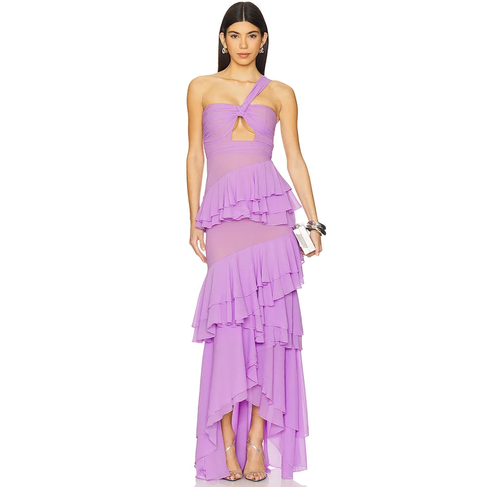 

Fashion Lilac Evening Gown For Wedding Sheath One Shoulder Formal Party Dress Floor Length Ruffles Sleeveless Prom Dress