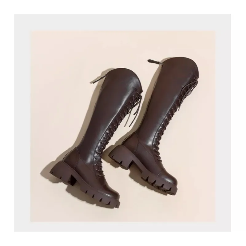 الشتاء منصة الصليب الدانتيل يصل امرأة فارس الأحذية موضة أحذية كعب سميك الشارع نمط الإناث قصيرة أفخم الجوارب الطويلة #4