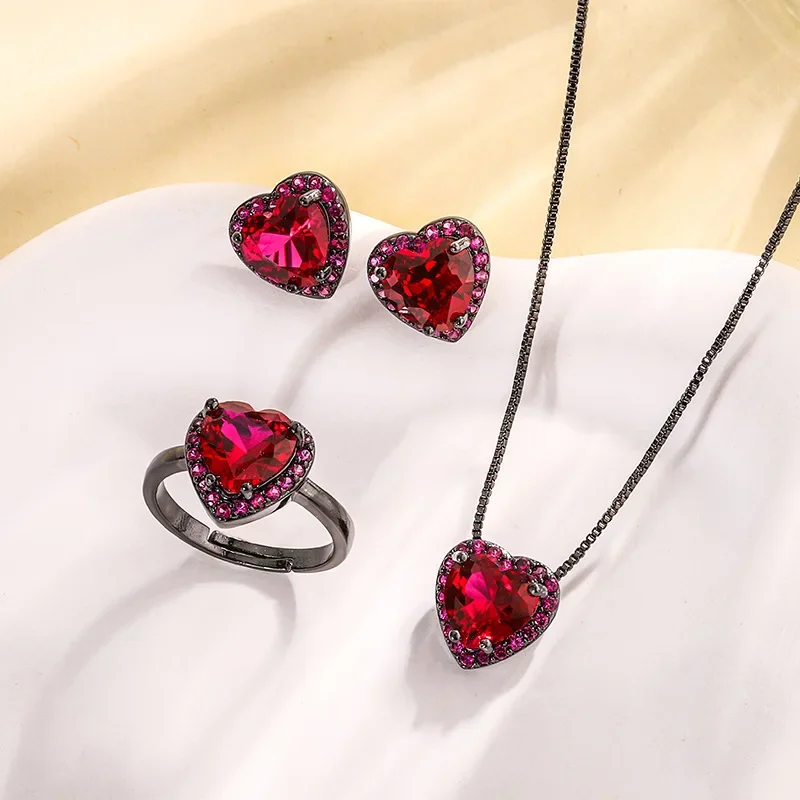 

2024 New Jewelry S925 Silver Plated 18K Gold Red Corundum Heart Shaped Black Gold Set Women's Main Stone 9 * 9 Jewelry