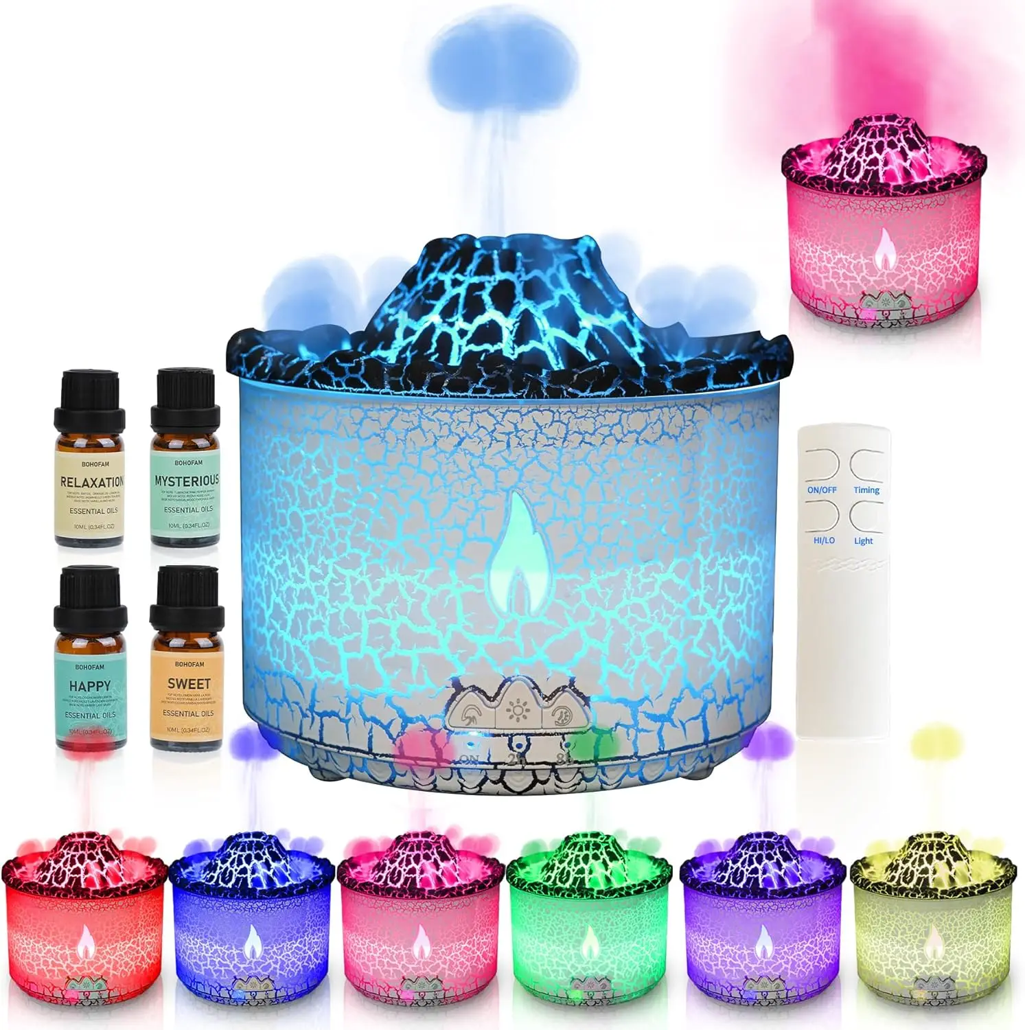Ätherisches Öl Diffuser 360ML, Vulkan- und Flammen-Diffuser/Luftbefeuchter 2 Modi, Diffuser für Zuhause mit 7 Farbigen Lichtern, Inklusive 4