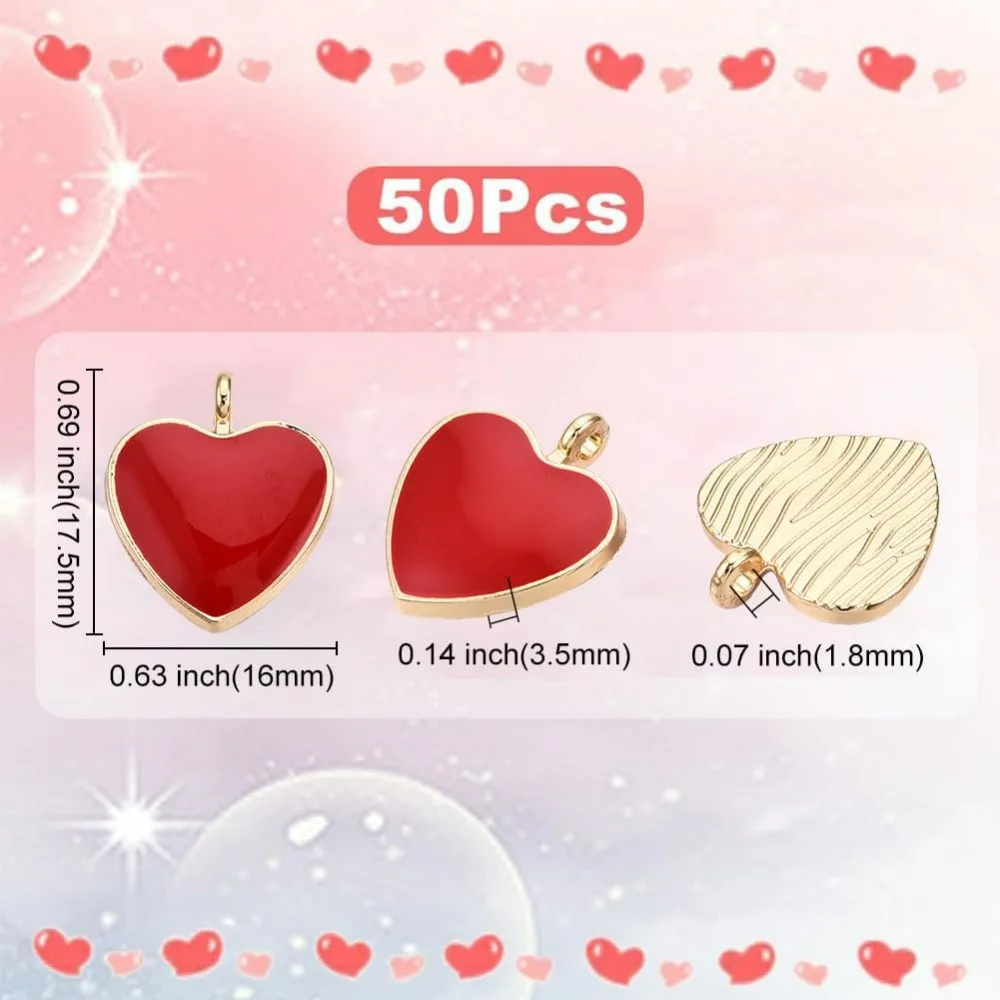 1 Box 50Pcs Valentine Heart Charms Bulk Red Hearts Charm Enamel Forever Love Cute Valentine Day Charm Heart Shape Golden Charm