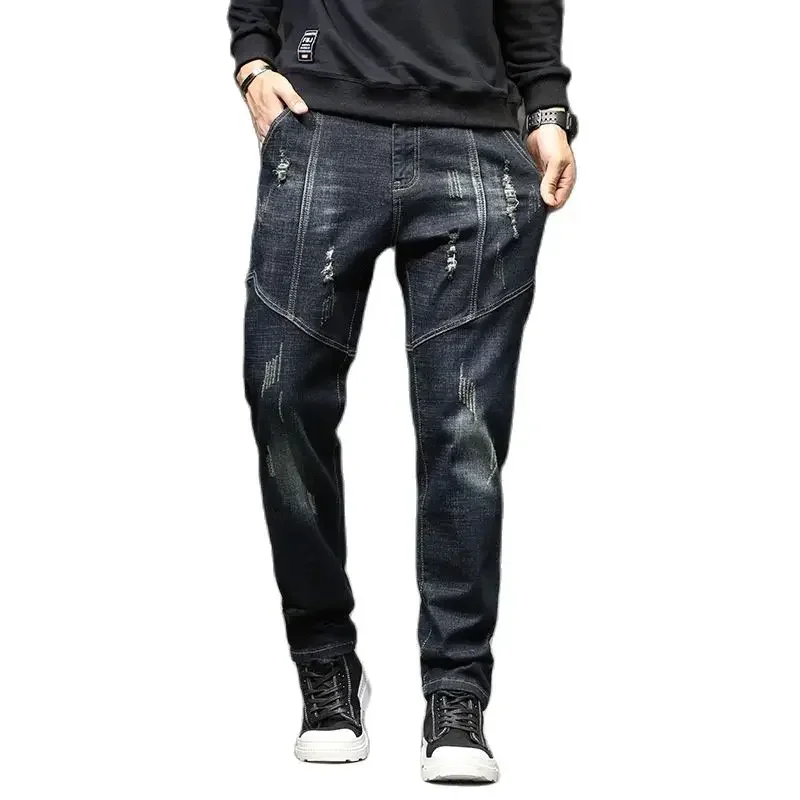 Trendy Spring Summer Elastic Jeans Plus Size 44 Men Casual Loose Baggy Denim Pants Streetwear Hiphop Harem Clothing