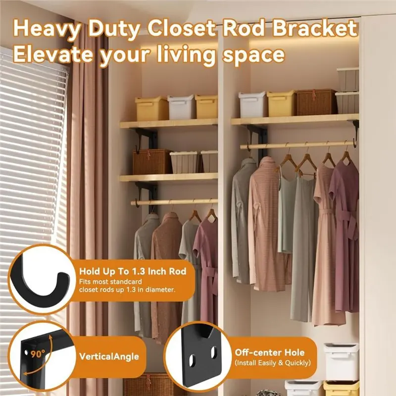 [NEWA08R】 4Pack Closet Rod Bracket Support 300Lbs Capacity 12 Inch Wall Mounted L-Shaped Shelf Brackets With Hooks