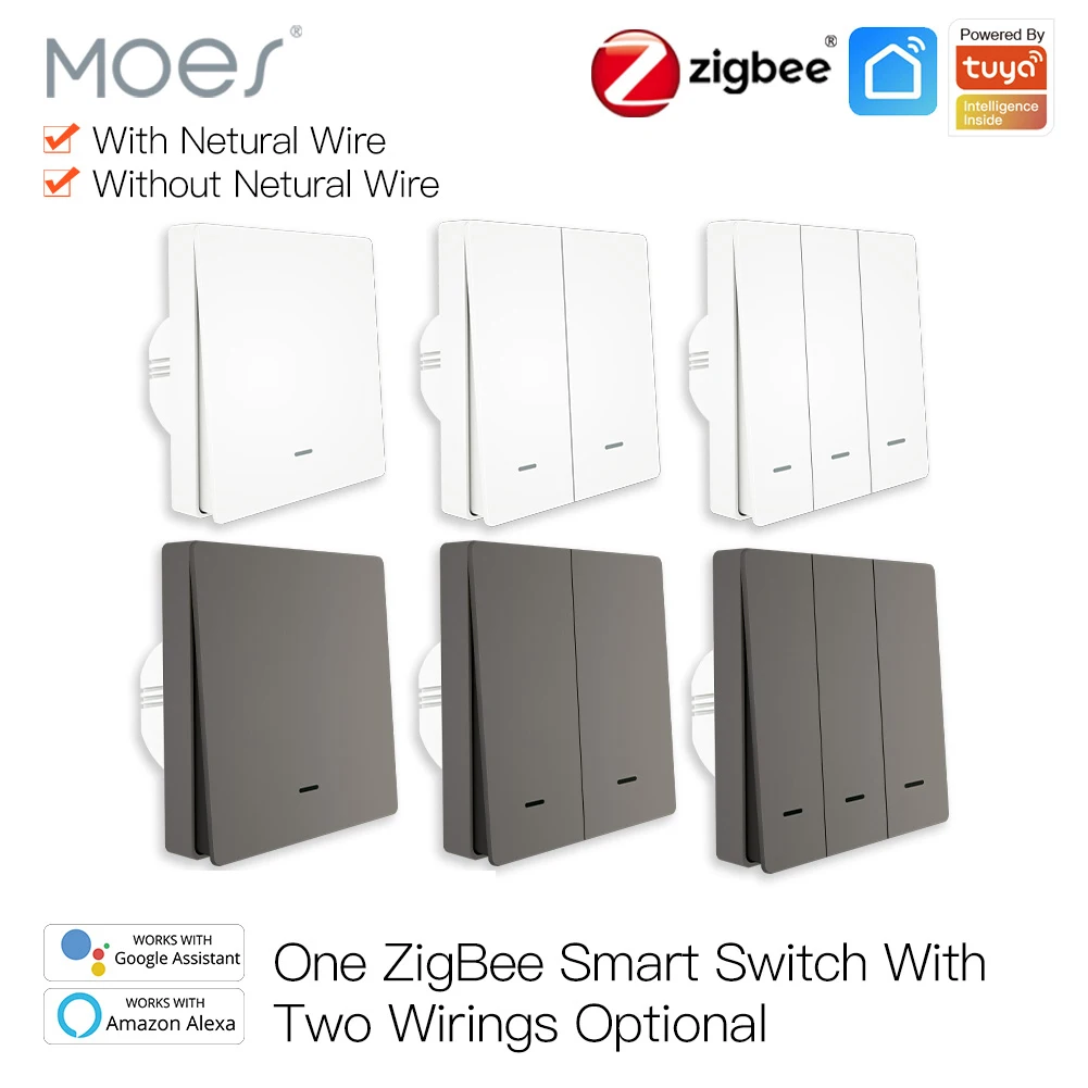 MOES Smart Light Switch Tuya ZigBee No Neutral Wire No Capacitor Needed Smart Life 2/3 Way Works with Alexa Google 2mqtt