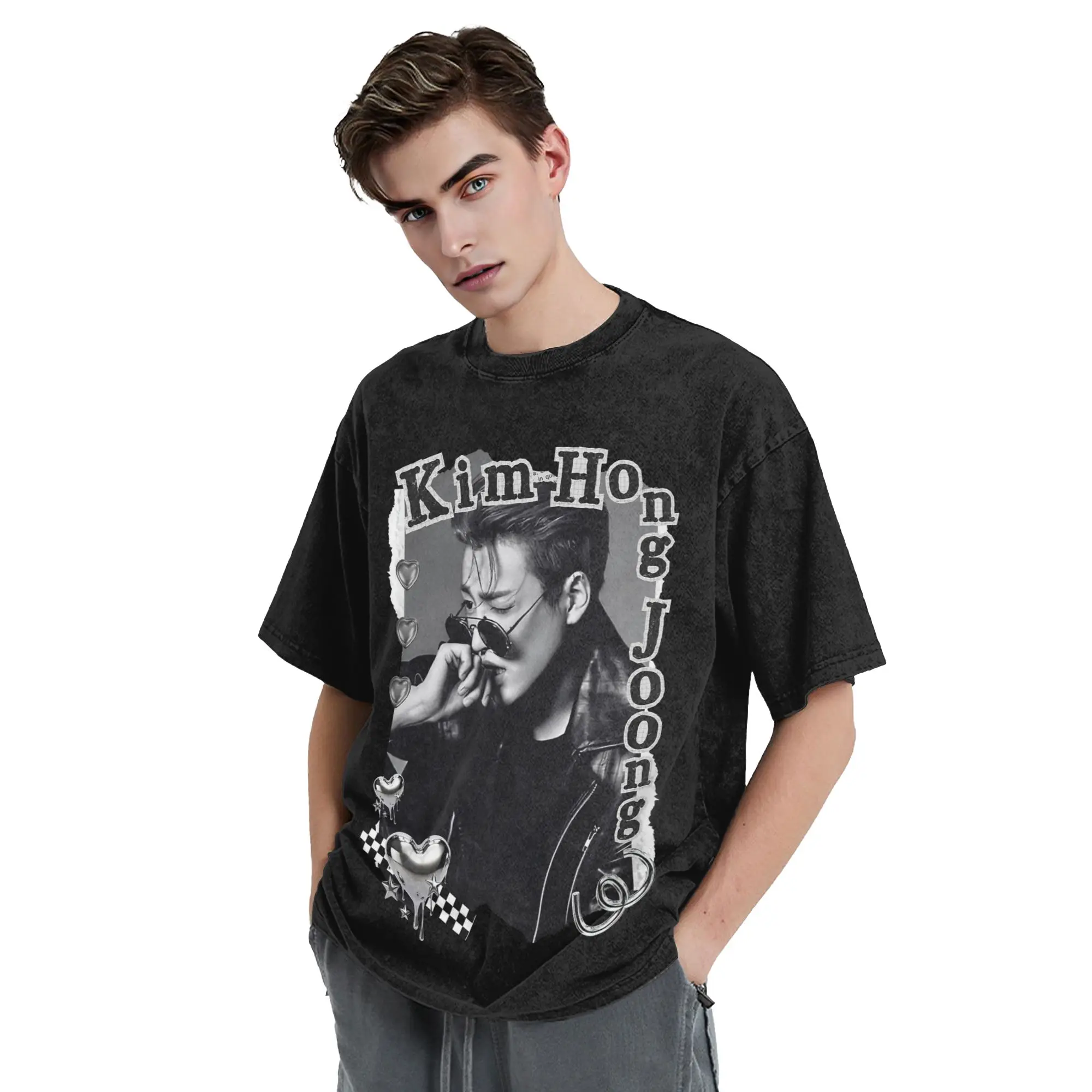 Kpop Boy Group A-Ateez Hongjoong Washed T Shirt Streetwear  Vintage T-Shirts  Tees Tops Men Women 100% Cotton Oversize Printed