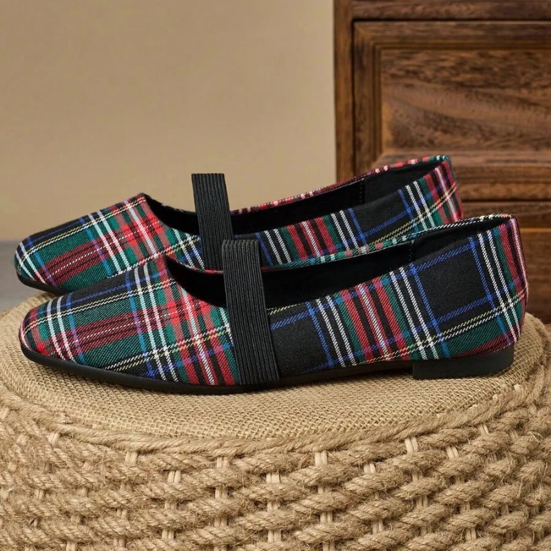 Chaussures plates à carreaux à bout carré pour femmes, Vintage Tartan, bande élastique, confortables, douces et rembourrées, pour vêtements de travail décontractés