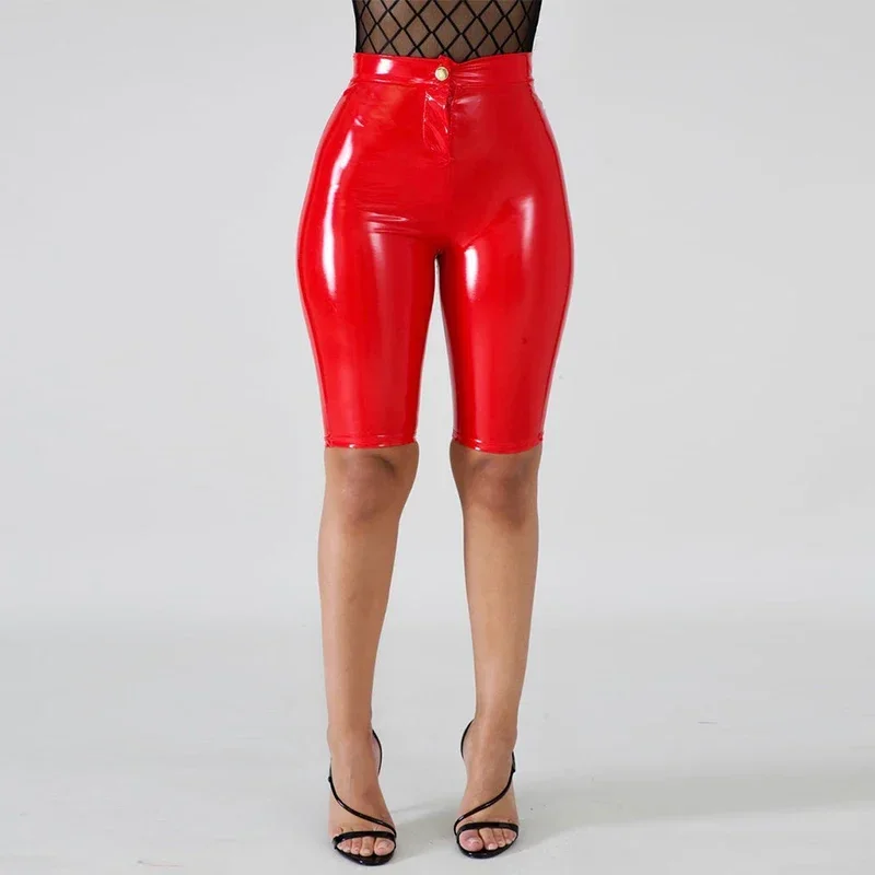 

Shiny Patent Leather Shorts Women High Waist Faux Latex Knee Length Shorts Button Zip Stretch PU Bodycon Hot Pants Clubwear New
