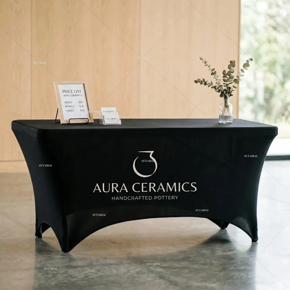 Custom Logo Spandex Table Cover Professional Non-Transparent Stretch Table Cloth for Trade Show Exhibition High-Density Counter